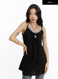 front-tie-ribbon-cami-dress-cf416 / Black