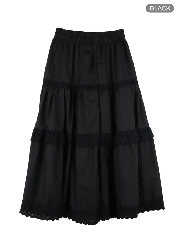 lace-mid-rise-tiered-maxi-skirt-om429 / Black