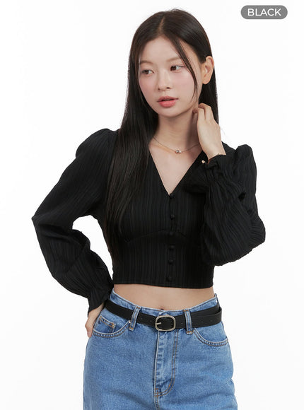 frill-sleeve-v-neck-crop-shirt-og416 / Black