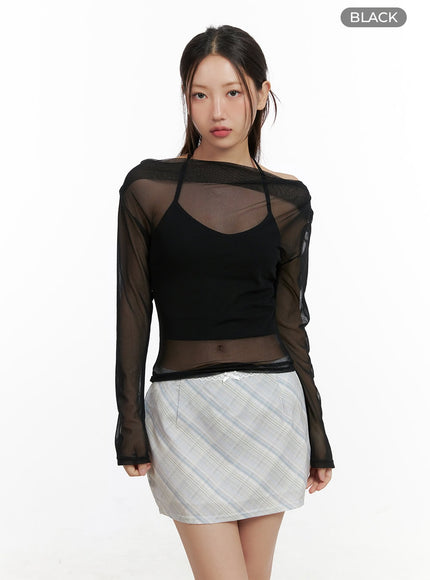 sheer-boat-neck-long-sleeve-crop-top-cl431 / Black