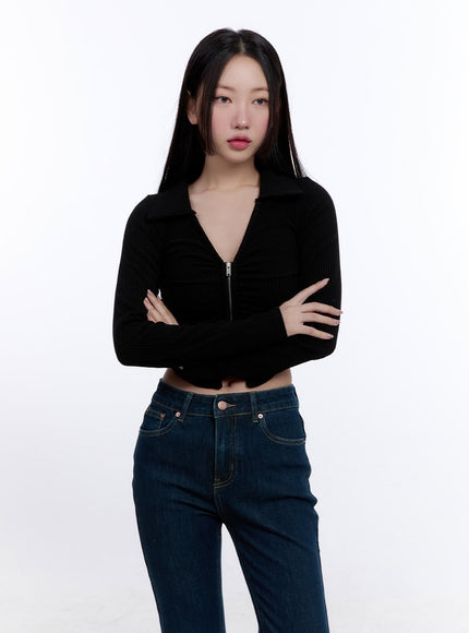 shirred-zip-up-long-sleeve-collared-top-cj509 / Black