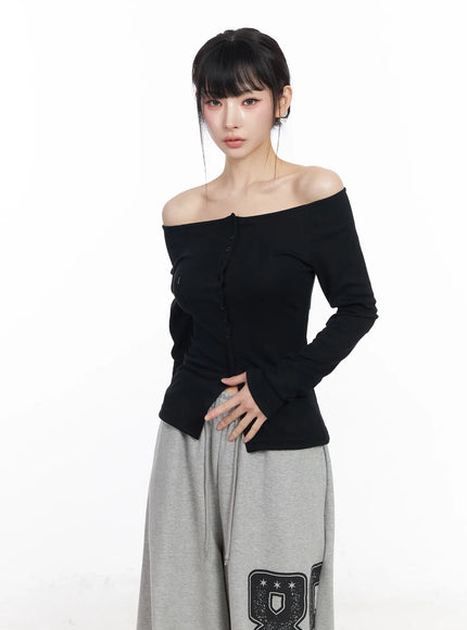 off-shoulder-button-up-long-sleeve-top-cf518 / Black
