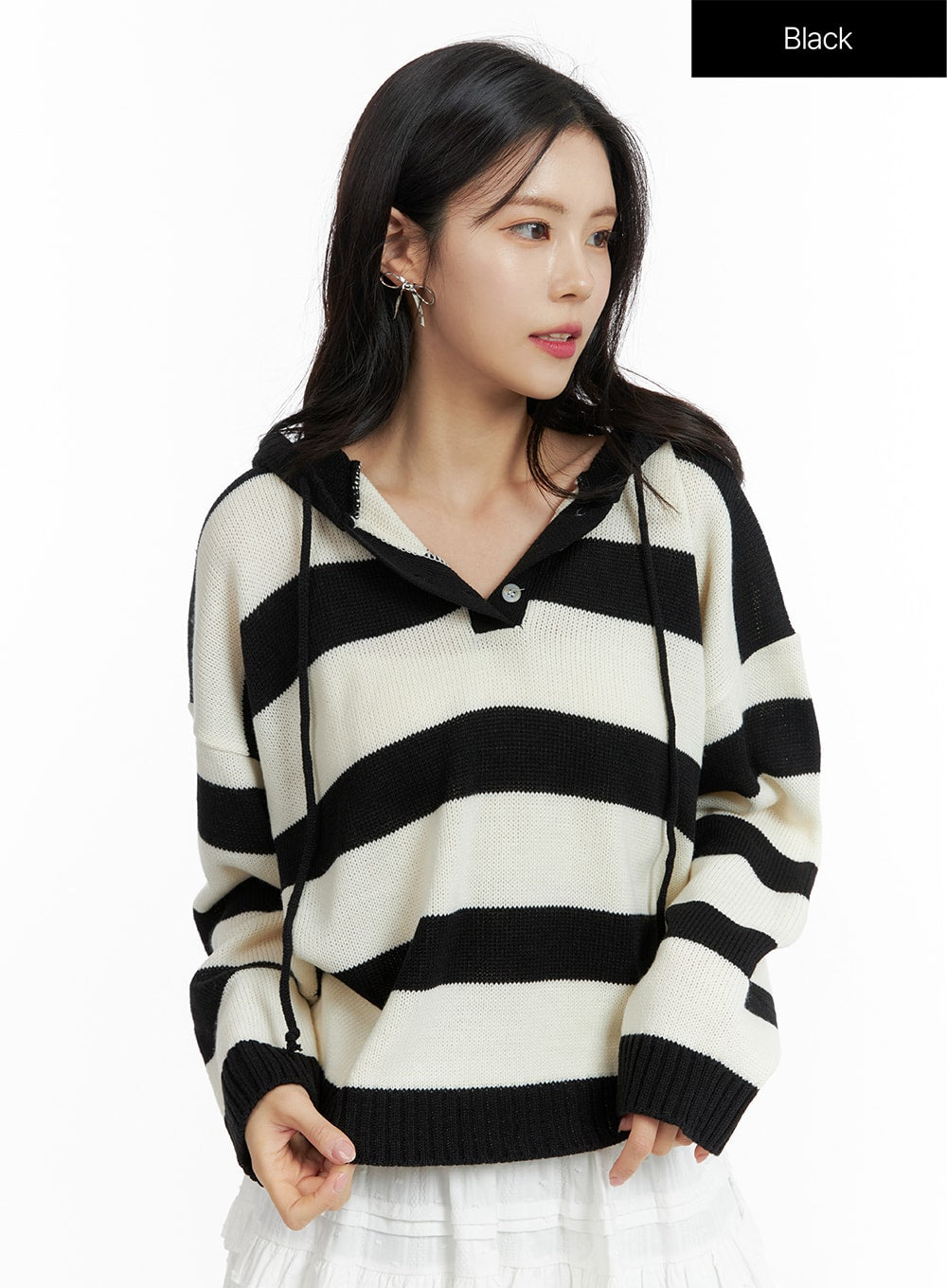 striped-hooded-knit-sweater-of408 / Black