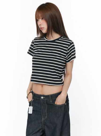 casual-striped-short-sleeve-top-cy529 / Black