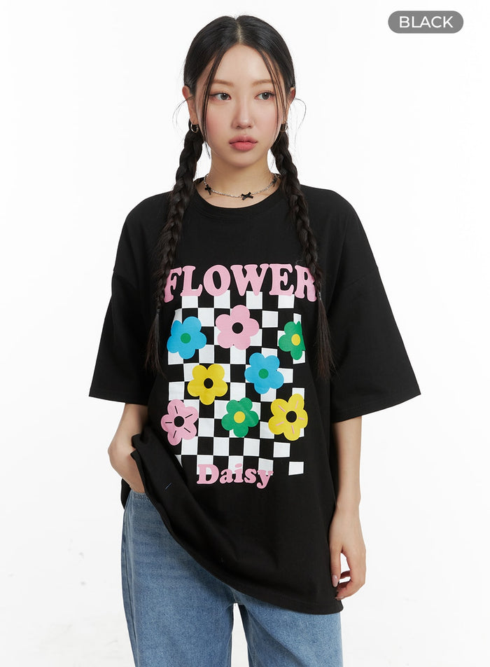oversized-flower-graphic-t-shirt-om428 / Black