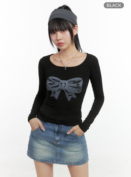 slim-fit-ribbon-sleeve-tee-os409 / Black