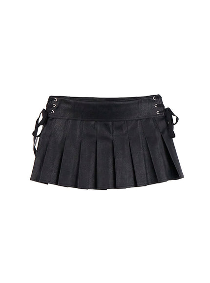 pleated-faux-leather-lace-up-mini-skirt-cd426 / Black