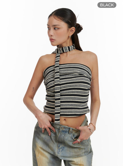 striped-crop-tube-top-with-scarf-cy402 / Black