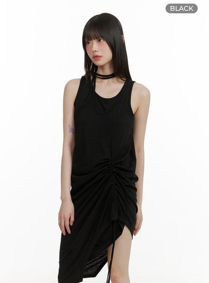 shirred-string-sleeveless-mini-dress-cy428 / Black