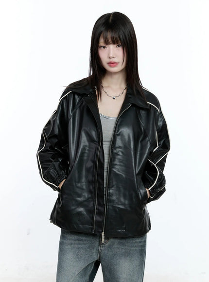 two-tone-faux-leather-jacket-cg511 / Black