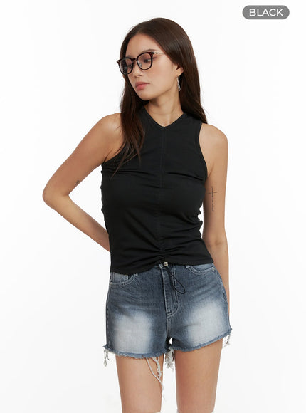 shirred-v-neck-tank-top-cy431 / Black