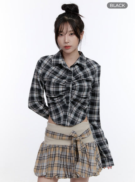 shirred-crop-check-shirt-co418 / Black