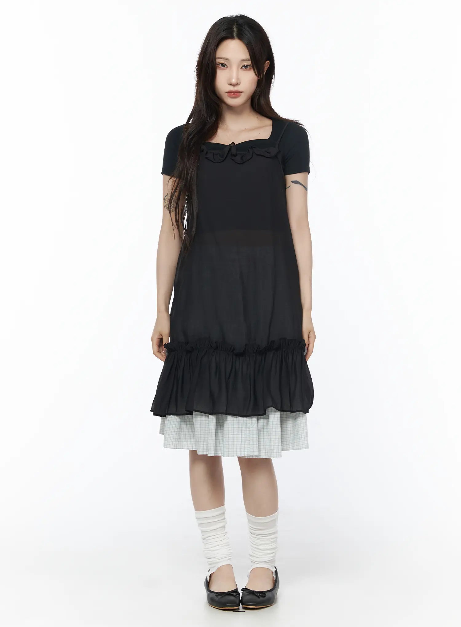 sheer-chiffon-ruffle-midi-dress-cu510 / Black