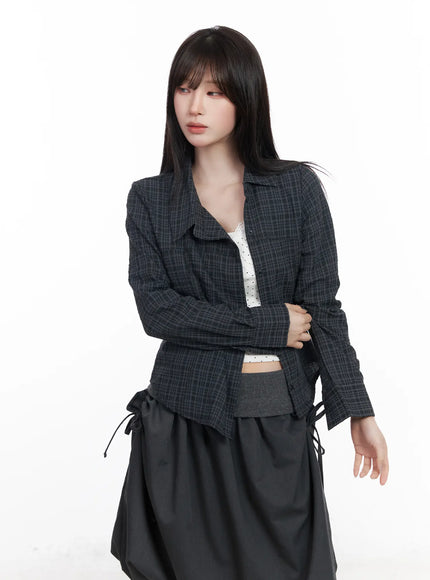 asymmetric-plaid-long-sleeve-shirt-cf523 / Black