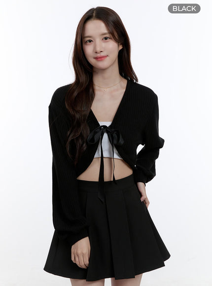 ribbon-strap-v-neck-crop-cardigan-oo407 / Black