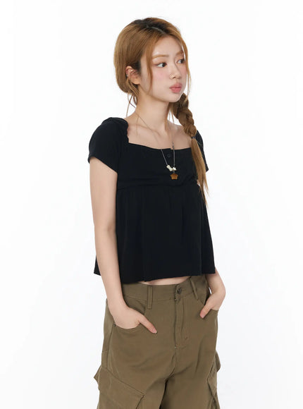 square-neck-puff-sleeve-top-cy508 / Black