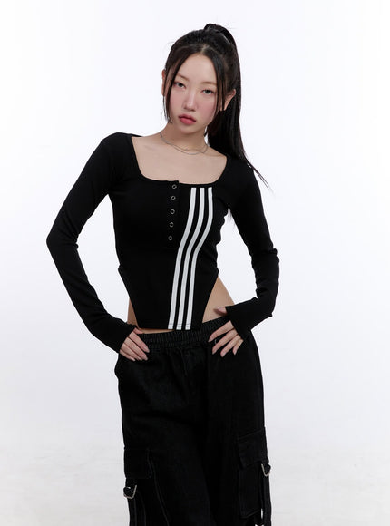 striped-square-neck-buttoned-bodysuit-cj509 / Black