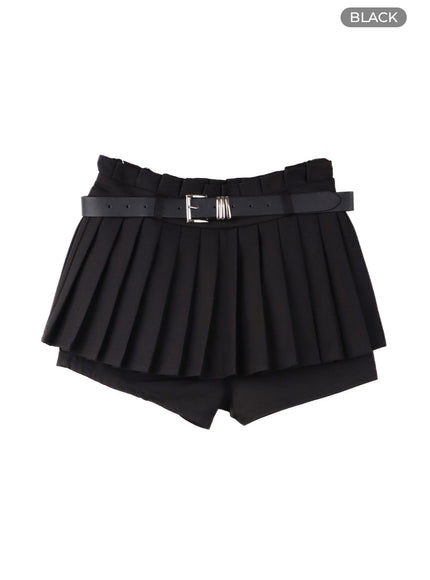 mid-waist-pleated-mini-skirt-with-belt-cf420 / Black