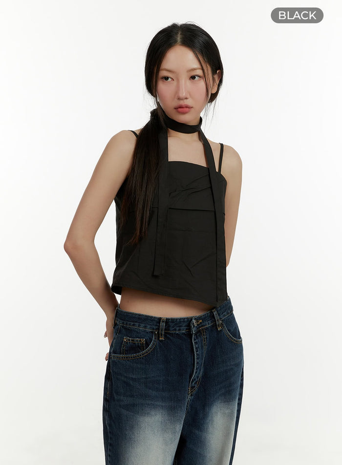 double-layer-cami-top-with-thin-scarf-cy409 / Black