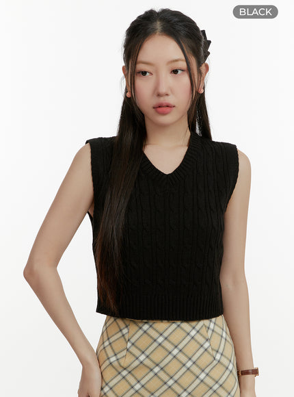 cable-knit-v-neck-vest-oy413 / Black