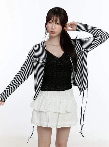 ruffle-detailed-zip-up-hoodie-ca502 / Black