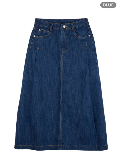 stitched-pintuck-denim-maxi-skirt-cg426 / Blue