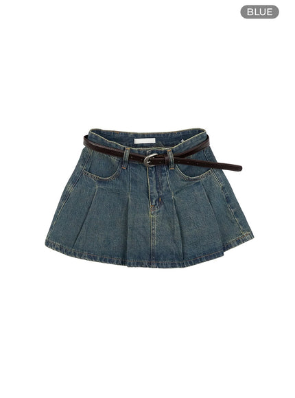 vintage-washed-denim-pleated-mini-skirt-cg426 / Blue