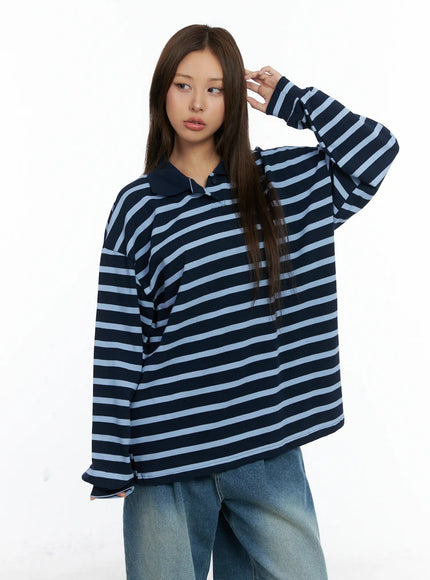 oversized-striped-collar-long-sleeve-tee-cs504 / Blue