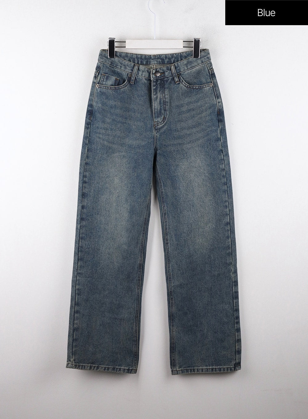 High-Waisted Full-Length Straight Leg Jeans OD320 in blue, flat front hanger shot, deeper washed denim with fading, high-rise straight leg and five-pocket design.