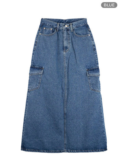 denim-cargo-pocket-washed-maxi-skirt-cg426 / Blue