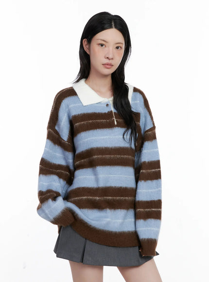 striped-fuzzy-collared-knit-sweater-cs529 / Blue