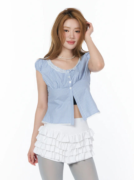 striped-lace-detail-blouse-cy508 / Blue