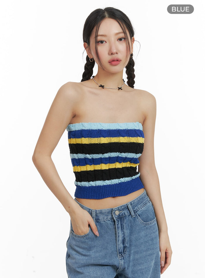 stripe-knit-tube-top-om428 / Blue