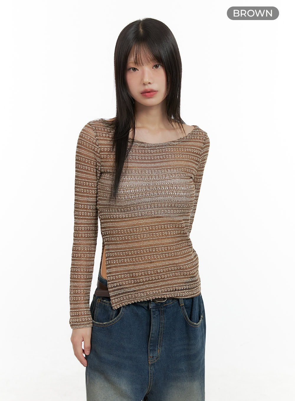 boat-neck-mesh-long-sleeve-tee-cg427 / Brown