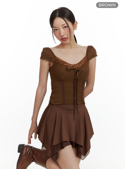 sweetheart-lace-cap-sleeve-top-cu420 / Brown