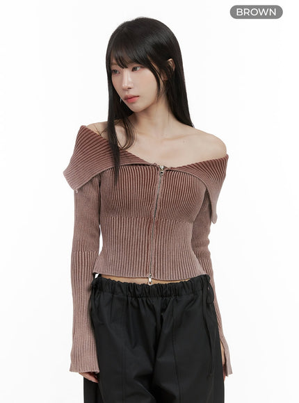 two-way-zip-up-off-shoulder-long-sleeve-crop-top-cs419 / Brown