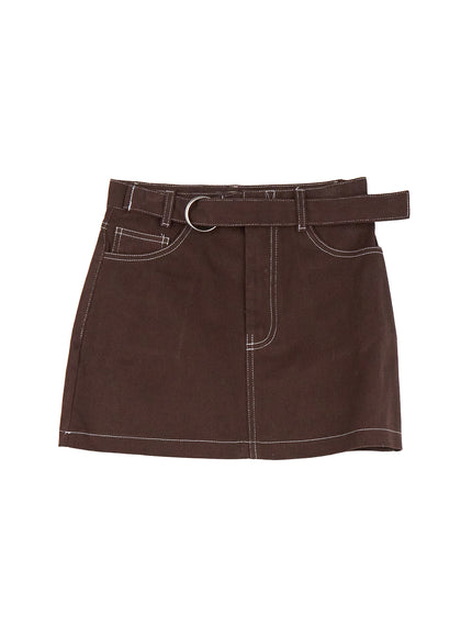 buckle-stitched-denim-mini-skirt-cj529 / Brown