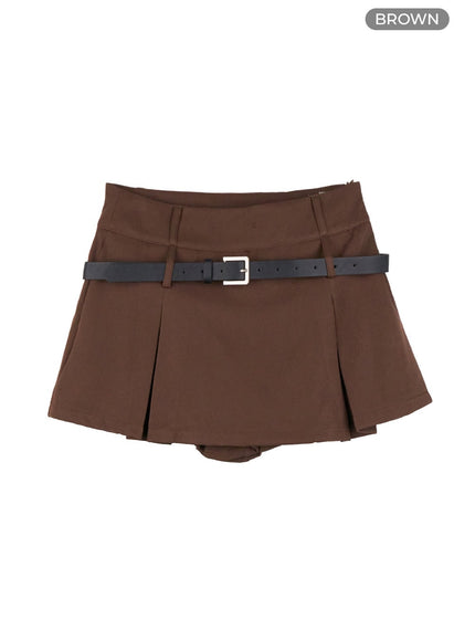 pleated-belt-mini-skirt-os423 / Brown