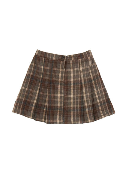 checkered-pleated-winter-mini-skirt-cj513 / Brown