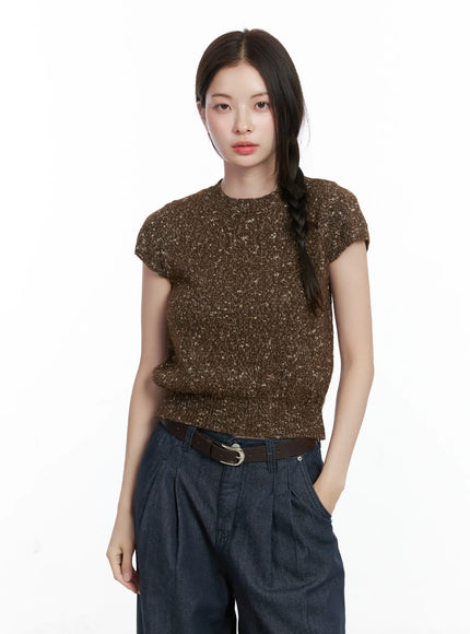 textured-knit-short-sleeve-top-co503 / Brown
