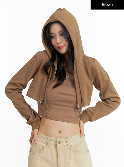 zip-up-knit-crop-hoodie-of415 / Brown