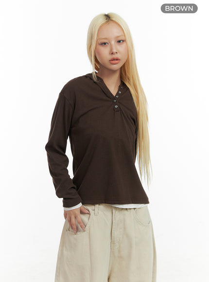 cozy-hooded-button-up-top-co415 / Brown