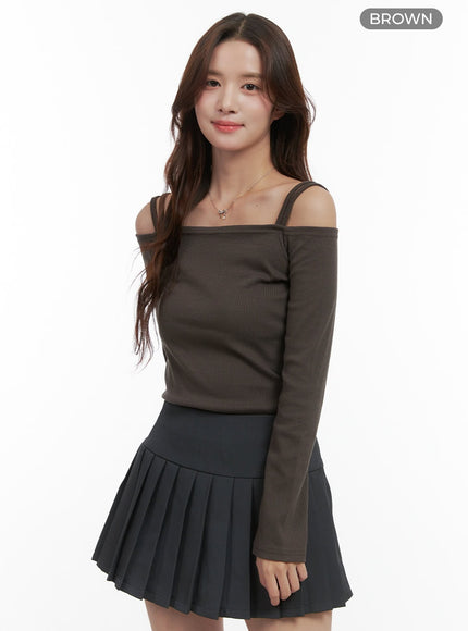 solid-off-shoulder-slim-fit-top-oo421 / Brown