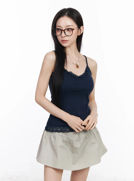 lace-ruffle-trim-v-neck-tank-cm518 / Dark blue