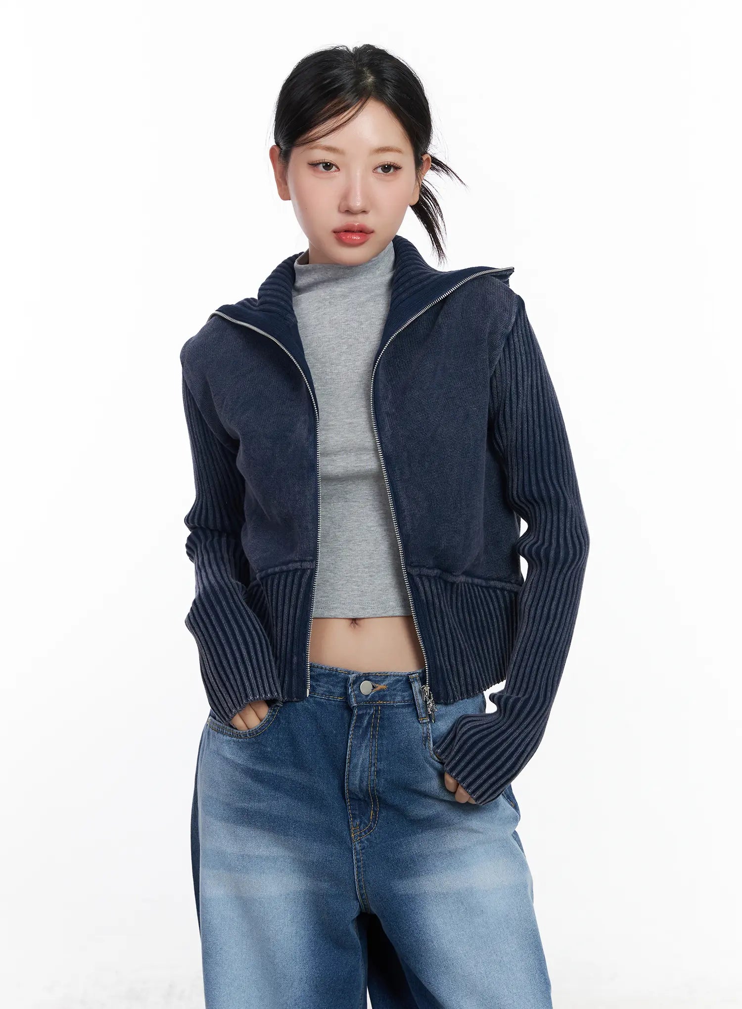 ribbed-high-neck-zip-up-cardigan-cj530 / Dark blue