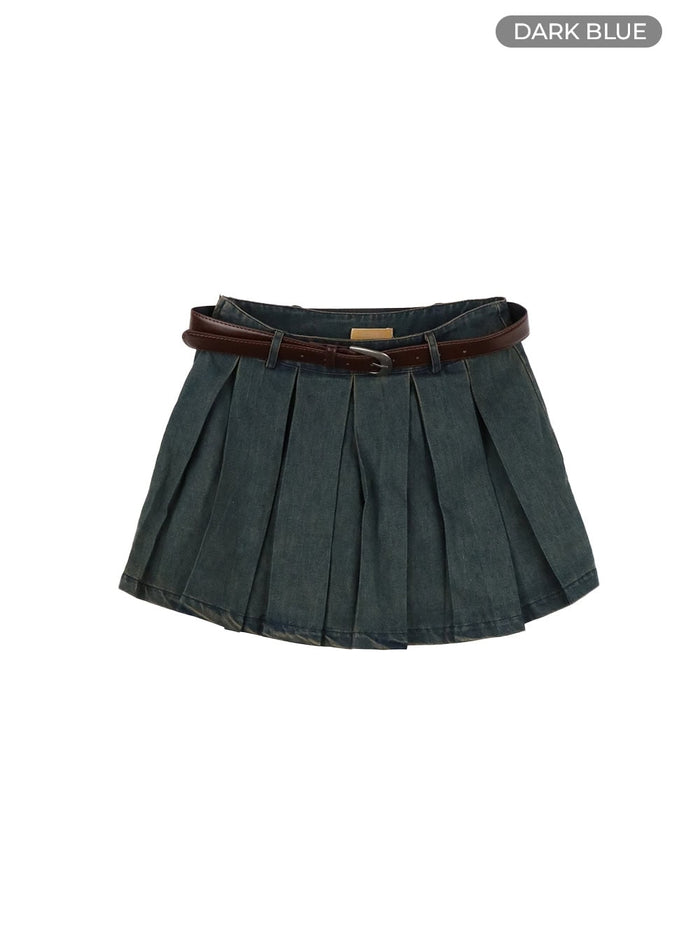 pleated-washed-mini-denim-skirt-cy414 / Dark blue