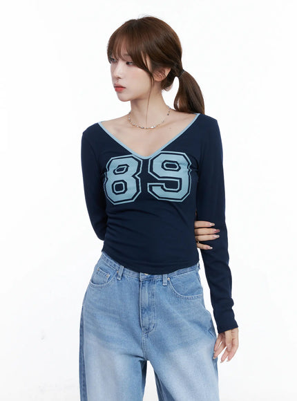 v-neck-number-89-long-sleeve-tee-cg529 / Dark blue