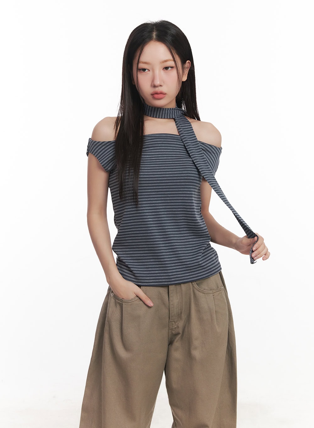 stripe-off-shoulder-top-with-scarf-ca521 / Dark blue