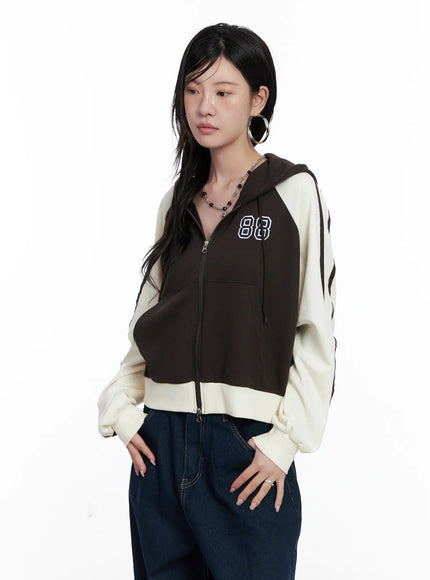 two-tone-zip-up-crop-hoodie-cs529 / Dark brown