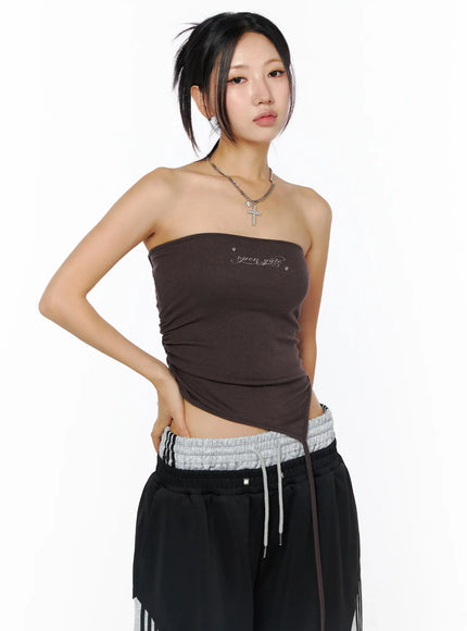 embroidered-asymmetric-tube-top-cu515 / Dark brown